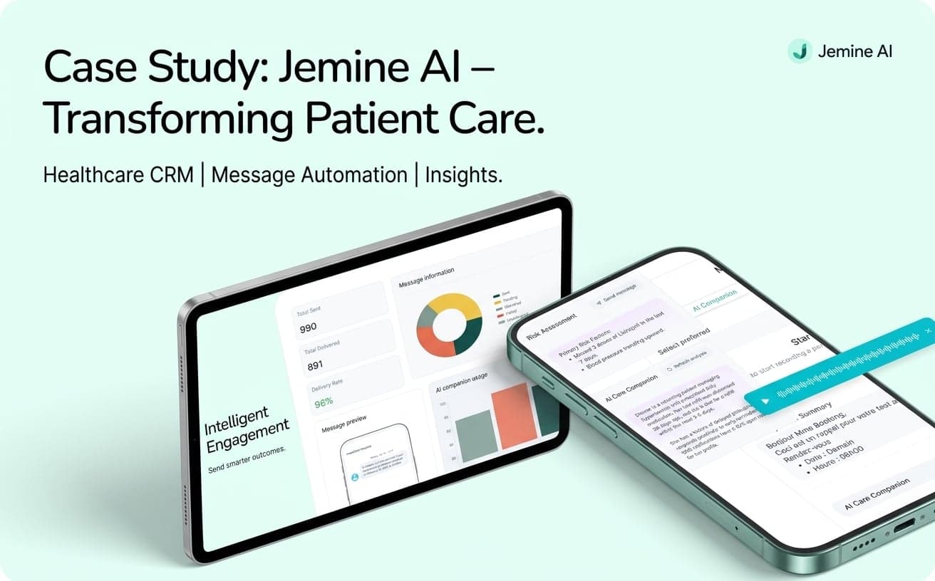 Jemine AI on a tablet and a phone. The tablet shows a messaging dashboard with sent, delivered and delivery-rate figures and an AI companion usage chart; the phone shows a patient risk assessment, an AI care companion summary and a voice recording.